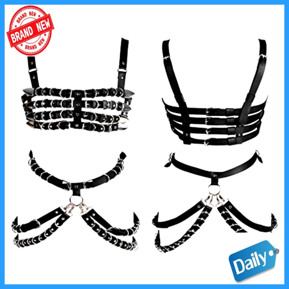 Leather Body Harness Bra Garter Belt Set, Adjustable Punk Gothic Costume - Picture 2 of 7